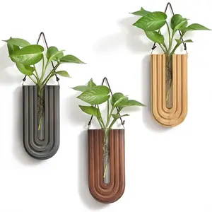Indoor Wood Wall Planter Set of 3 for Plants - Boho Handmade Hanging Propagation Station with Curved Rainbow Design, Wall Mounted Vase for Flowers, Natural Home Decor Living Room Entryway
