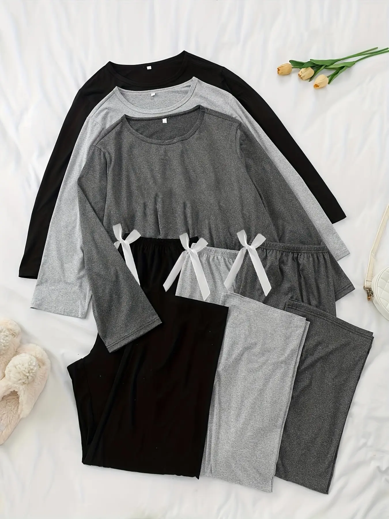 Women's Three-Piece Basic Solid Color Long Sleeve Pajama Set with Pants, Comfortable Sleepwear and Loungewear for Women, Casual Homewear, Pyjamas Set