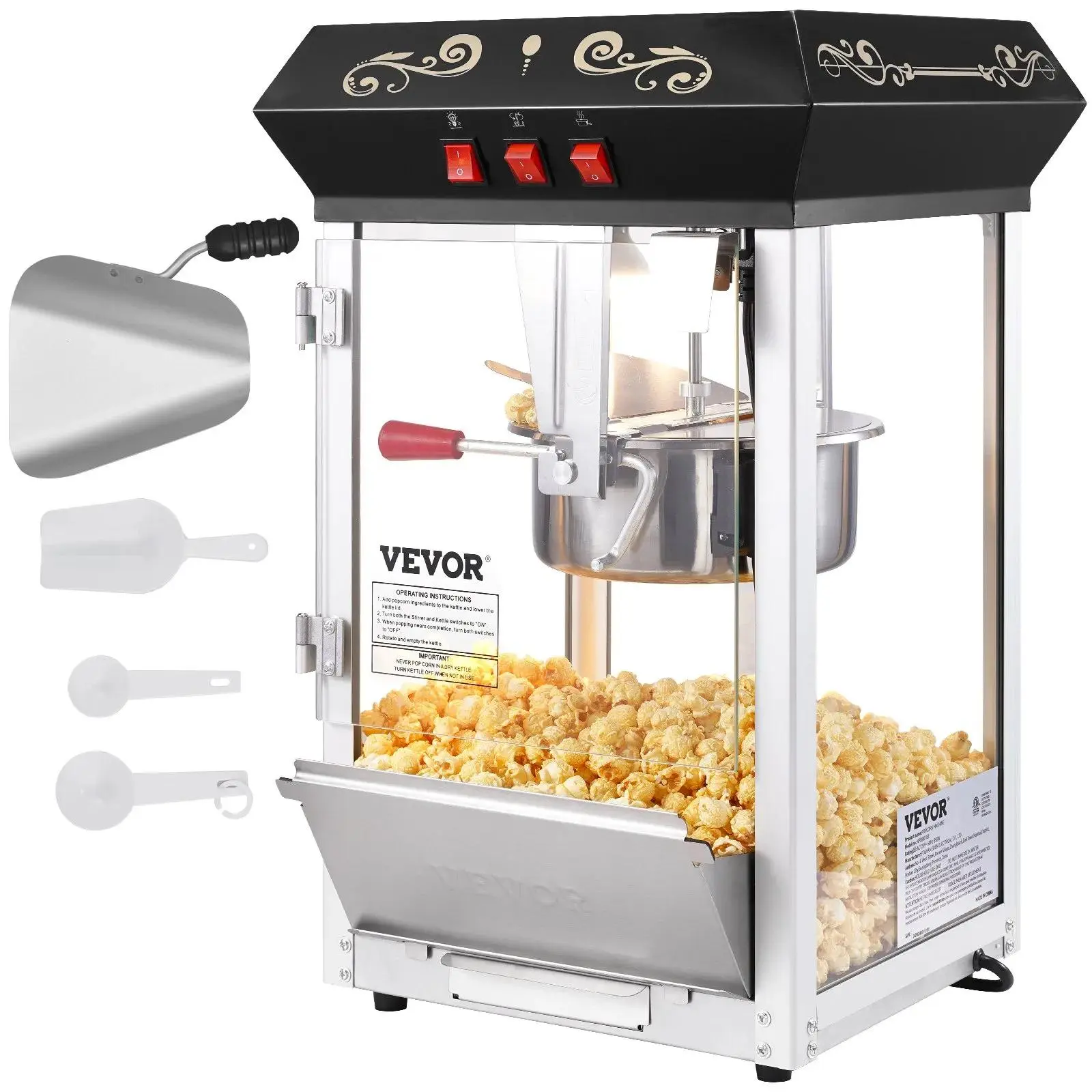 【Summerfinds】VEVOR Popcorn Maker,  , 850W Popcorn Popper Machine, 8 Oz Kettle Makes 48 Cups per Batch, Countertop Popcorn Maker with Tempered Glass, Includes 4 Scoops, Movie Theater Style, Black