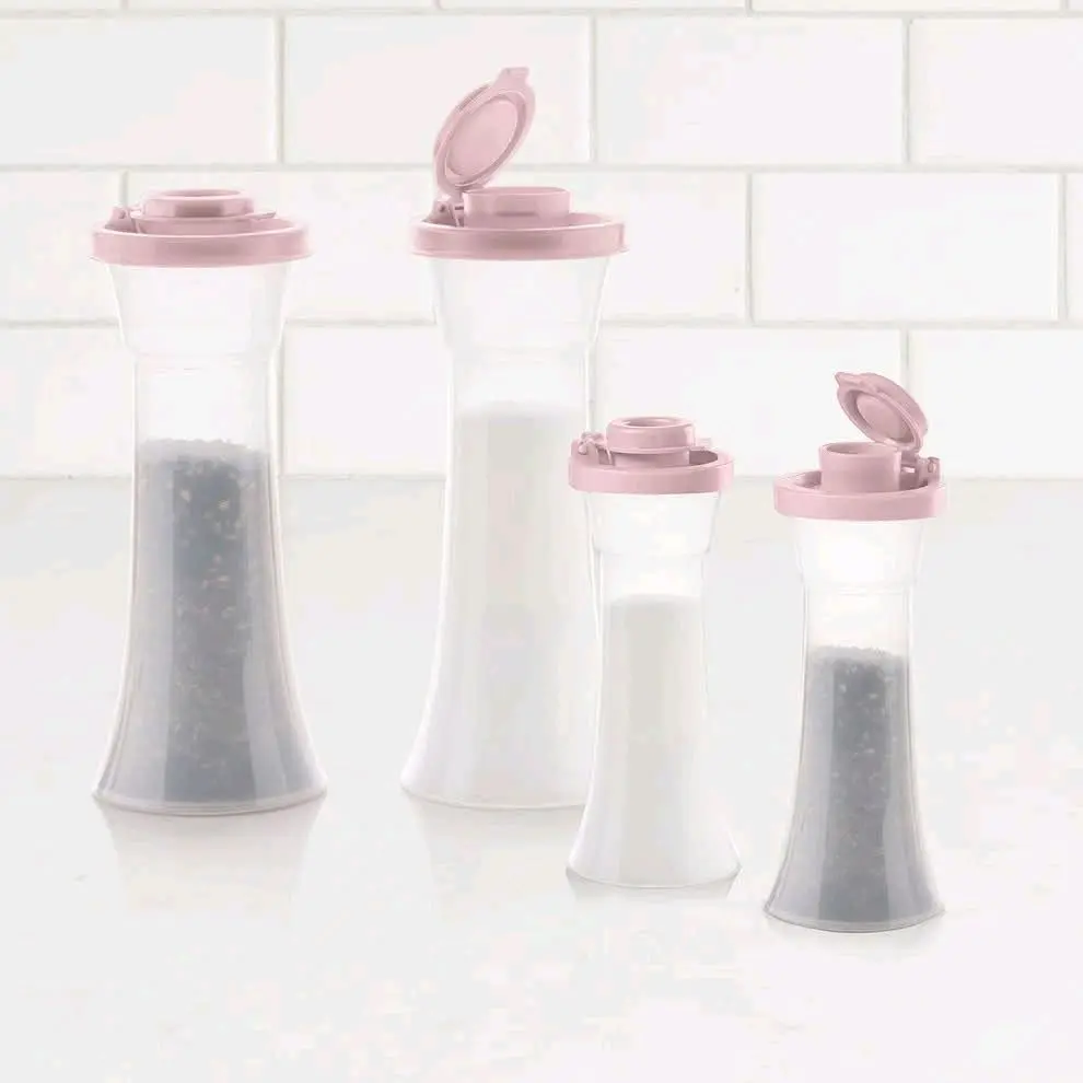 Tupperware Large Salt n Pepper Shakers set of 2, Sheer Containers with Pink Seals, Hinged Lids, Dishwasher Safe, Perfect for Picnic Baskets or Office Desks