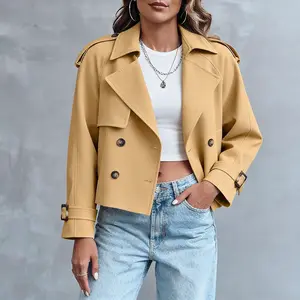 Womens Crop Double Breasted Trench Coat Raglan Sleeve Work Office Cropped Jacket With Pockets Elegant Tailored Fit Fall Winter Outerwear Casual Daily Commute Layered Structured Coat for Women