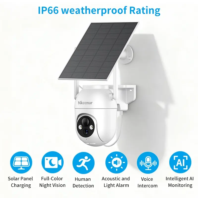 NKCCNUR 1PC outdoor security solar camera, WiFi connection, 1080P Full HD, 355° pan/tilt rotation, full‑color HD night vision, AI intelligent motion detection, supports sound and light alarm, two‑way audio, IP66 waterproof, suitable for home and farm.