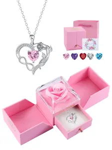 Infinity Heart Rose Flower Necklace With Rose Jewelry Gift Box, Trendy Birthday Mother's Day Jewelry Gift for Mom Wife Girlfriend, Valentines Day Gifts for Women, Exquisite Jewelry Gift