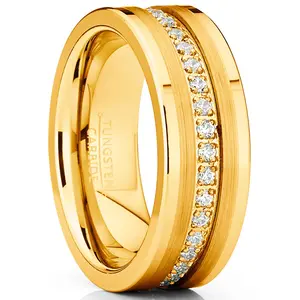 Men's Goldtone Tungsten Ring Wedding Band Cubic Zirconia Comfort-Fit 8MM