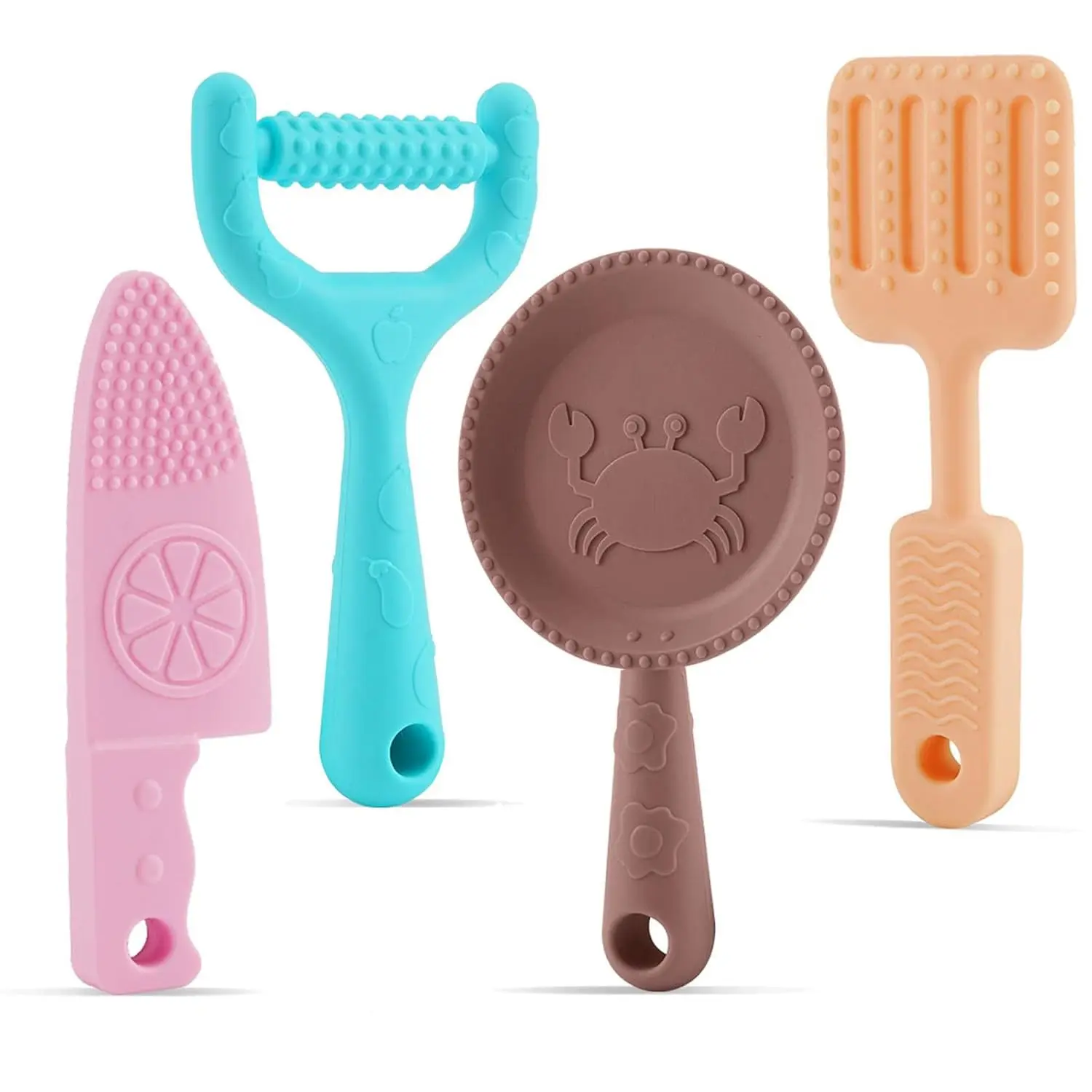 Silicone BPA-Free Chef Shapes Teething Toys for Unisex Babies (4 Pack) - Freezer Safe, Infant Grip Molar Chew Toys for 6-12 Months Infants, Culinary Role-Playing Training Tools