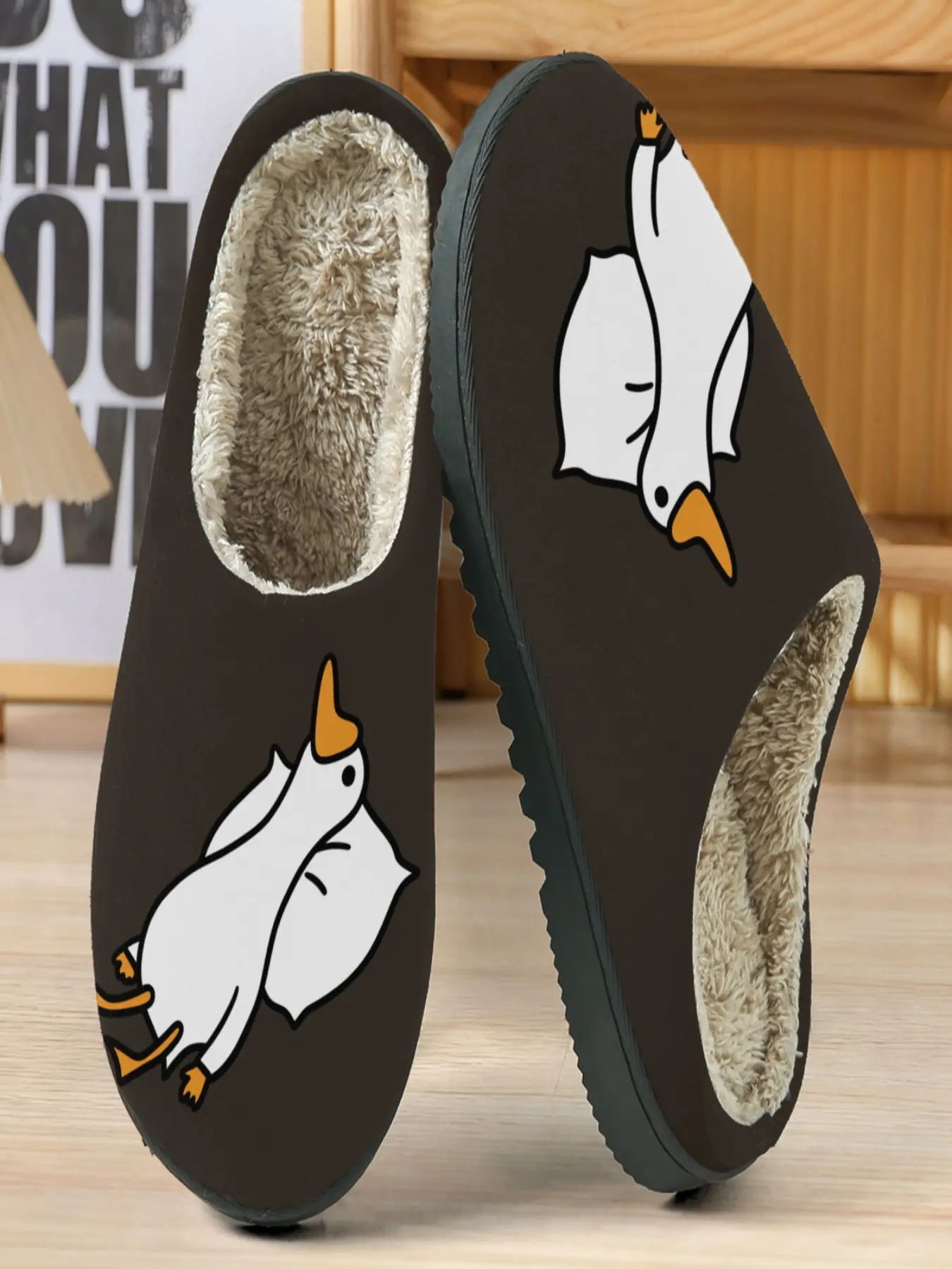 Cute Cartoon Duck Cotton Slippers, Bottom Sketch Style, Plush Lining, Warm Home Wear, Casual Fall & Winter Shoes
