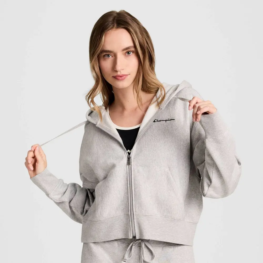 Champion Women's Cropped Hooded Fleece Zip-Up Hoodie - Light Heather Gray M