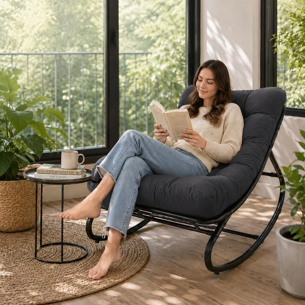 Charcoal Gray Adjustable Papasan Outdoor Rocking Chair - 450 LB Metal Frame, Waterproof Pad for Indoor & Outdoor Lounging Comfort