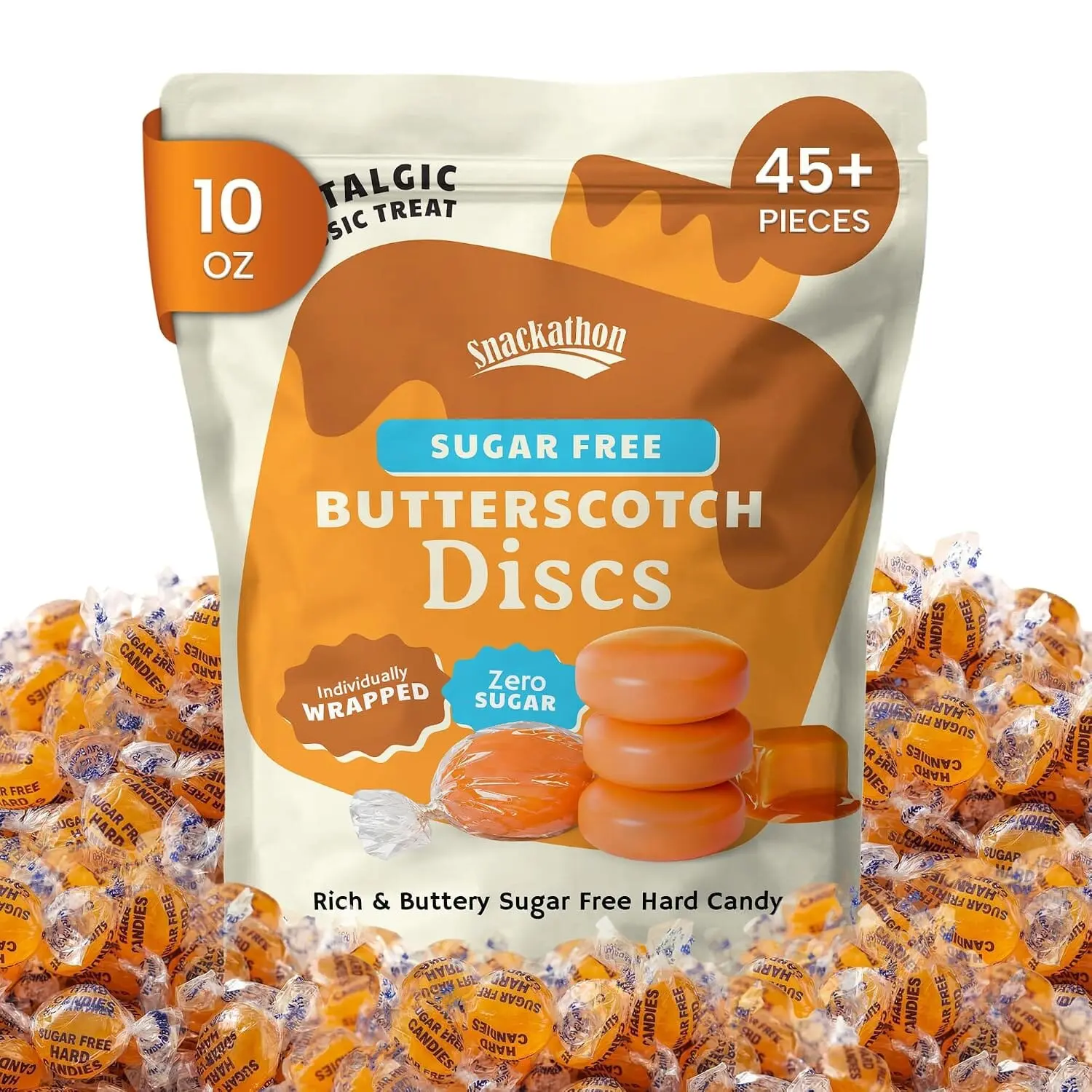 Snackathon Sugar Free Butterscotch Hard Candy, Individually Wrapped | Resealable Bag, Zero Sugar Butter Scotch Discs, Old Fashioned Candy, Gluten Free, For Sharing & Gifting