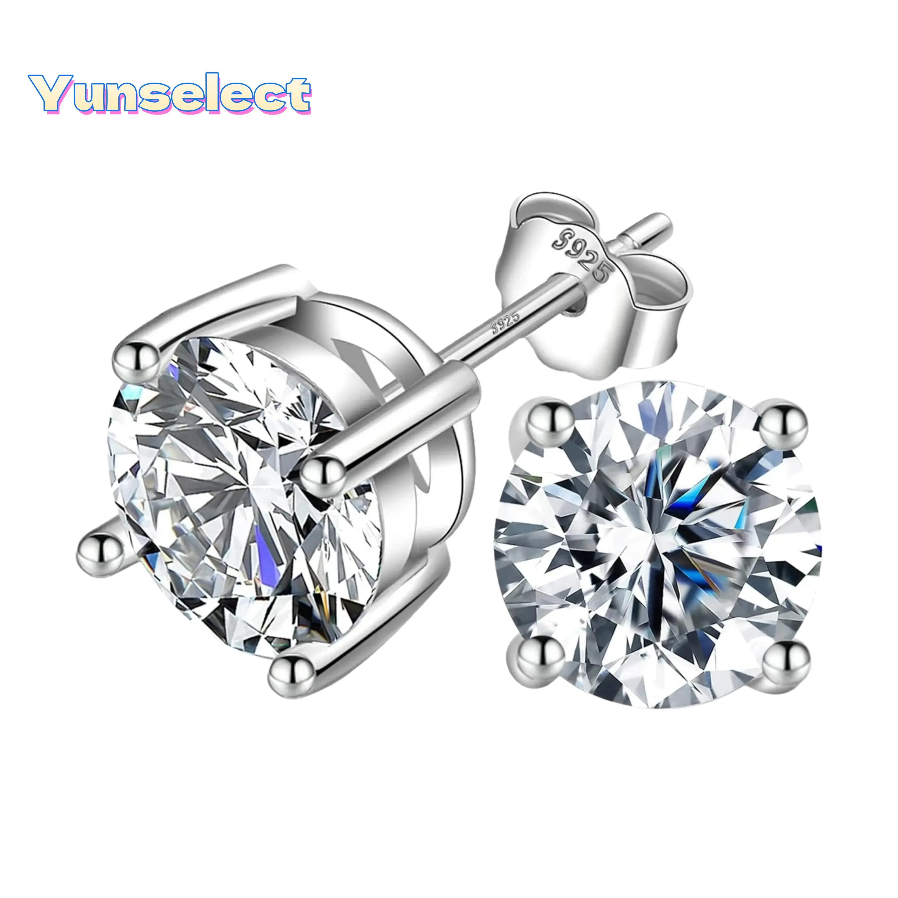 【Yunselect】18k Gold-Plated 4-Prong Round Lab-Created Moissanite Stud Earrings, S925 Sterling Silver/Copper Base, Artificial Gemstone Jewelry for Women, Ideal Birthday Wedding Engagement Gift   6612