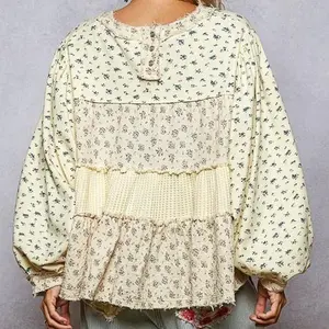 Floral Patchwork Knit Balloon Sleeve Top for Autumn Season Women's Fashion