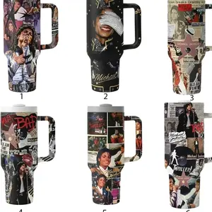 Michael Jackson King of Pop 40oz Tumbler with Handle - Thriller & Bad Era Music Collage - Iconic Billie Jean Smooth Criminal Design - Insulated Stainless Steel Mug - Essential Fan Collectible