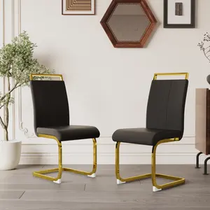 Dining Chairs Set of 2, Modern PU Leather High Back Upholstered Side Chair with C-shaped Tube. Plating Golden Metal Legs for Dining Room Kitchen Vanity Patio Club Guest Office Chair