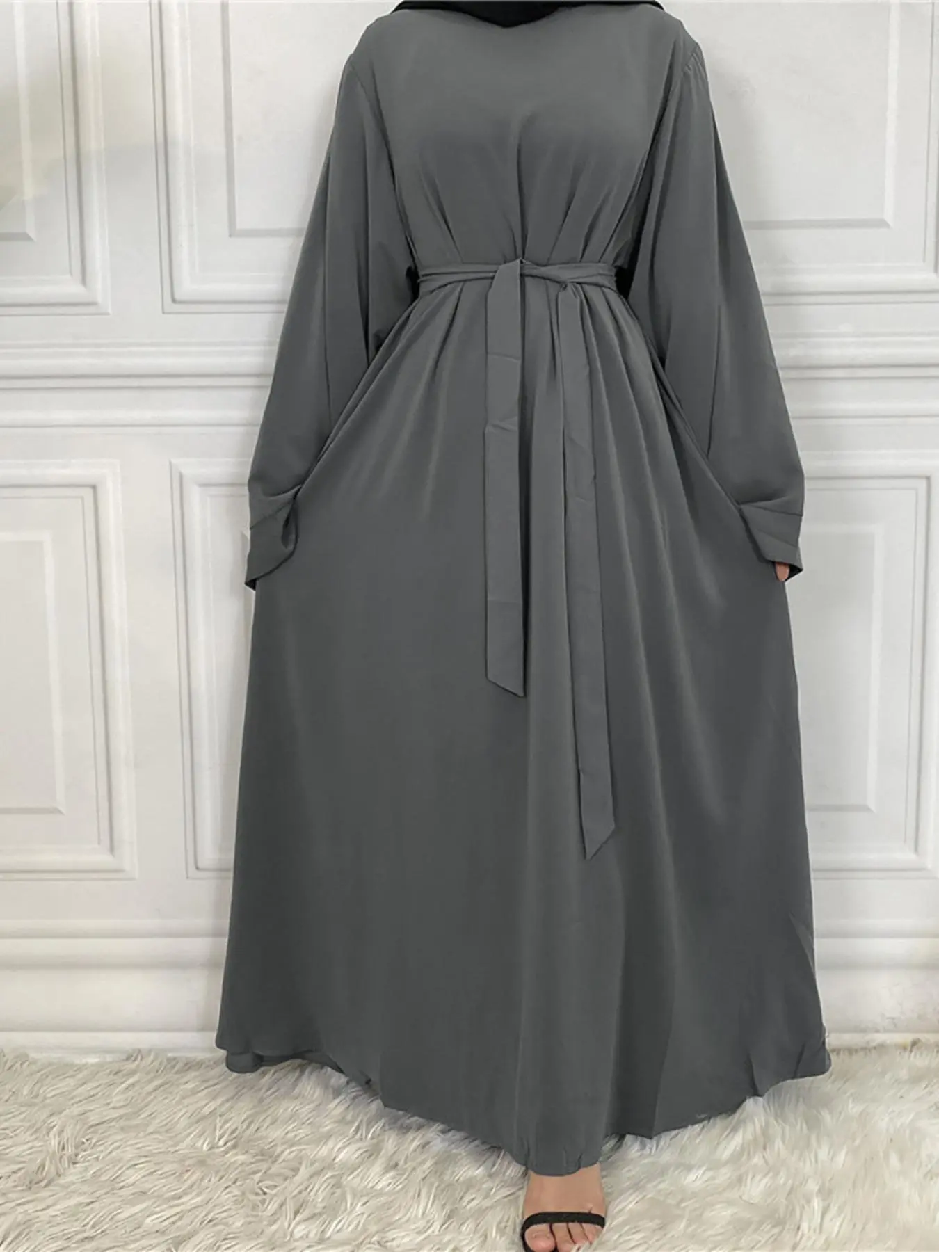 Arabic Clothing-Solid Long Sleeve Round Neck Maxi Arabian Dress with Belt, Summer Outfits 2026, Kaftan Long Dresses for Women Spring Summer Fall