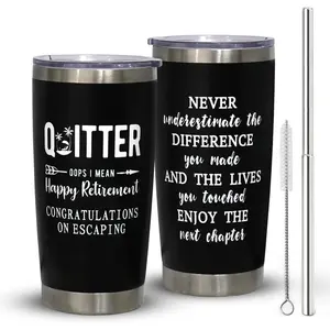 20 oz Wide Mouth Skinny Transparent Metal Vacuum Flask Tumbler Set with Silicone Features, Stainless Steel Lid & Straw, Portable Black Kitchenware Drinkware, Happy Retirement Gift for Male Coworker