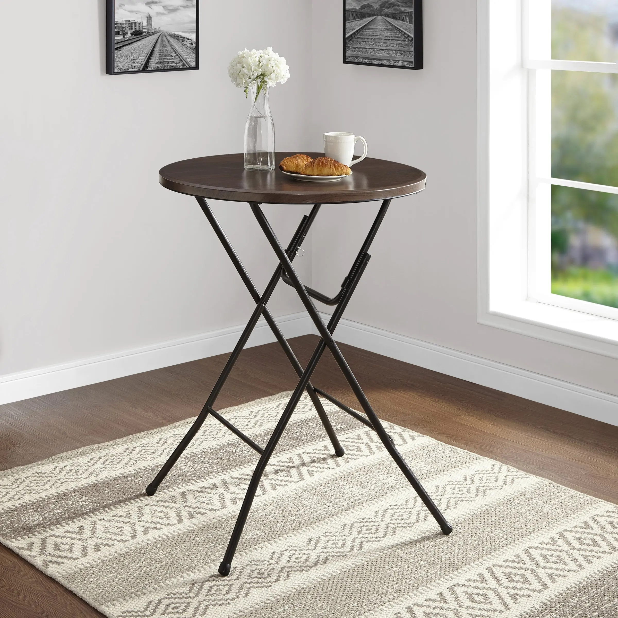 Mainstays 31 Inch Round High Top Folding Table, Walnut Finish Cocktail Table for Parties, Events, Dining, Bar Area, Indoor and Outdoor Gatherings
