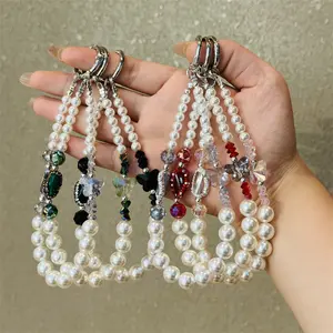 Artificial pearl bow mobile phone chain, suitable for backpack decoration and key decoration, Phone Charms