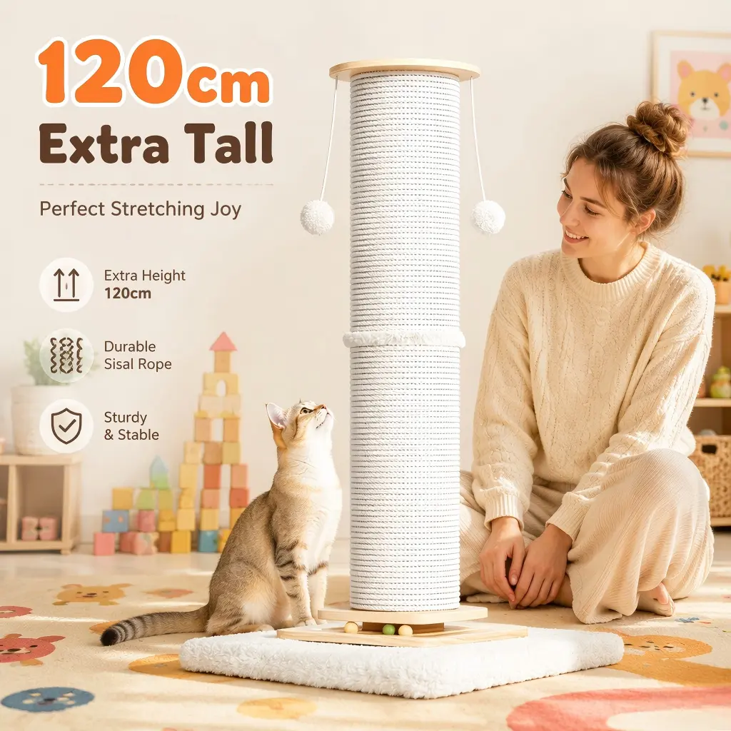 24/30/47in Sisal Cat Scratching Post Stable Tower with Hanging Toy Ball Indoor Furniture for Scratching Climbing & Playing Ideal for Kittens and Adult Cats