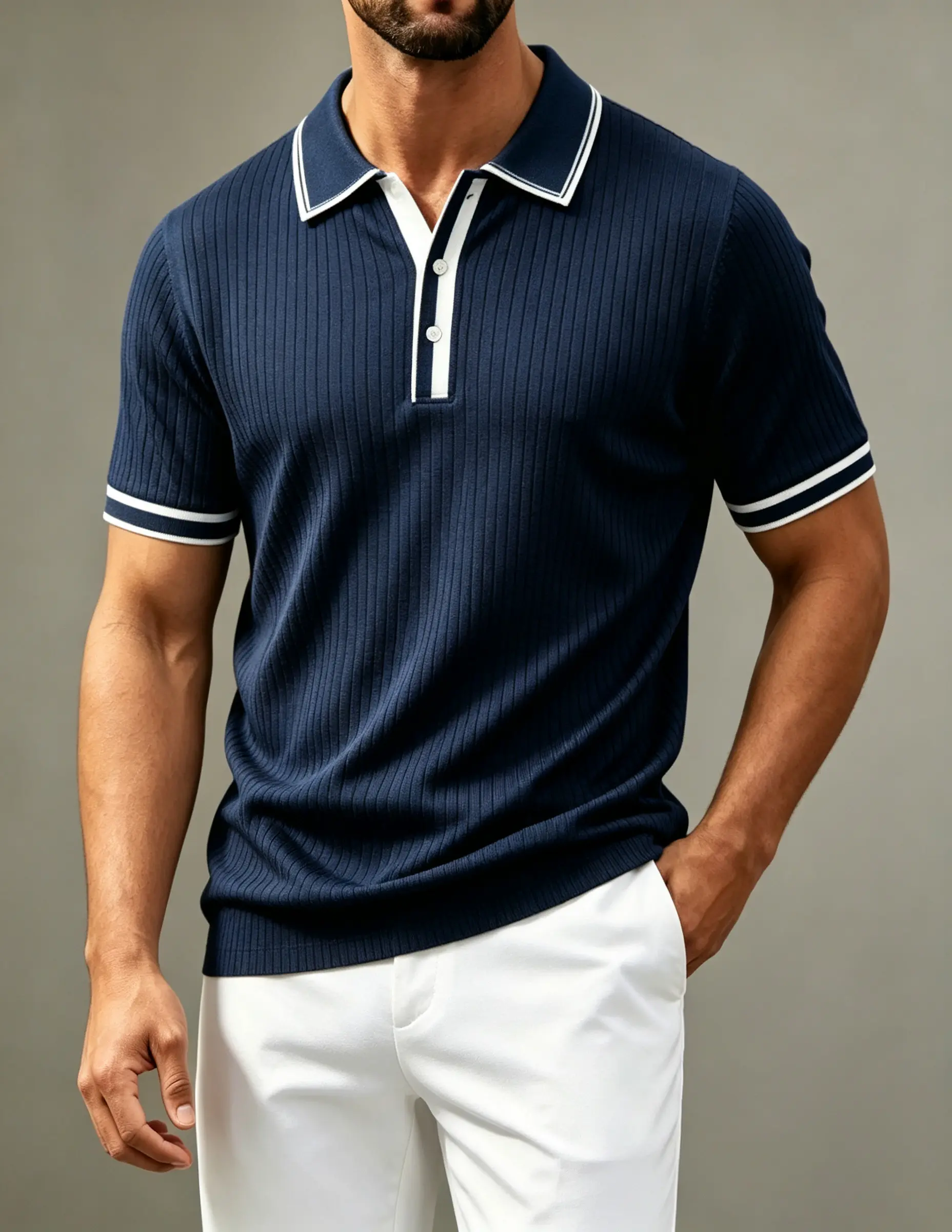 male clothing Men's Knitted Polo Shirt, Contrast Bordered Collar Short Sleeve Knitted Top, Made of Fast+Dry Breathable Fabric, Suitable for Golf Vacation, Outdoor Fishing, Holiday Travel and Leisure Wear