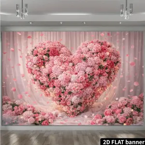 Heart-Shaped Floral Backdrop with Falling Petals - Pink Flower Wall Suitable for Weddings Proposals Anniversaries Spring & Summer Decor - High-Resolution Durable Fabric for Photo Backgrounds Decorations 2D Flat