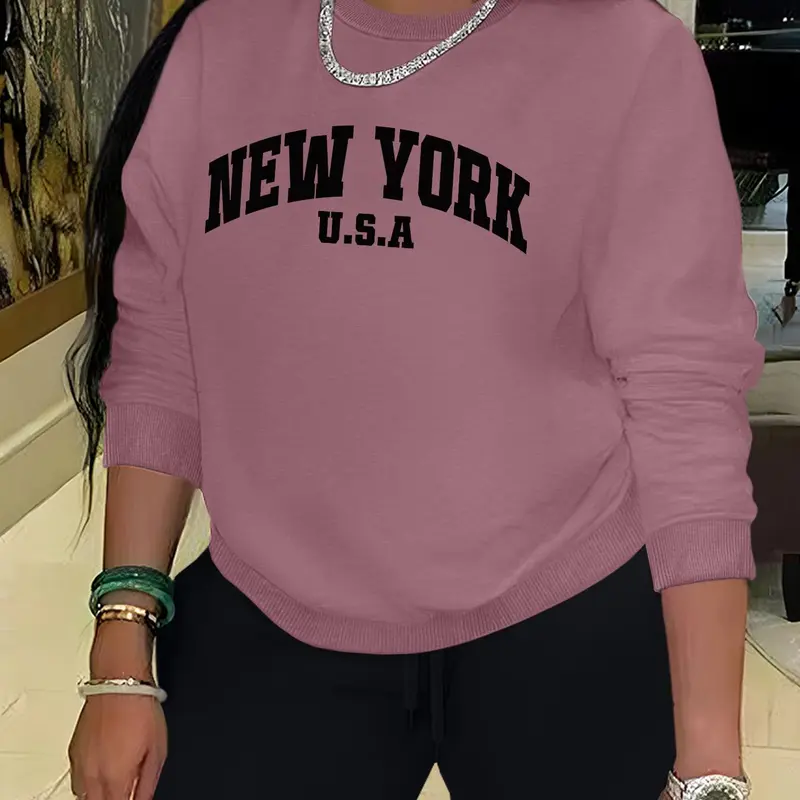 Women's Letter Print Drop Shoulder Sweatshirt, Casual Everyday Long Sleeve Round Neck Pullover for Fall & Winter, Ladies Clothes for Daily Athletic Sports and Outdoor Activities Wear Tops