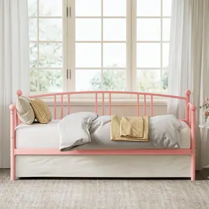 Arched Headboard Twin Daybed with Trundle, Steel Slat Support Metal Sofa Bed Frame, Space Saving Daybed for Living Room and Guest Room