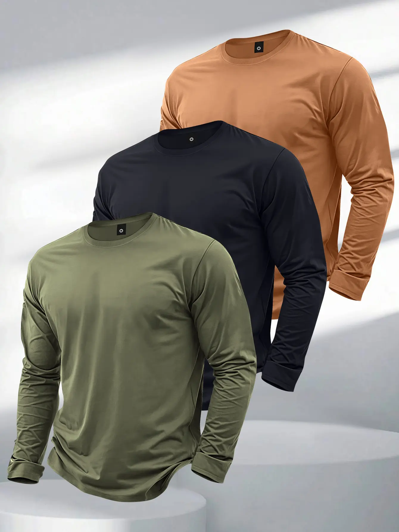 Men's 3-Pack Solid Plain Classic Crew Neck Casual Sporty Fitted Polyester Knit Athletic Clothing - Year-Round Versatile Streetwear, Ideal Gift for Boyfriend