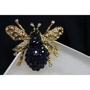 Women's Rhinestone Blue Sapphire Bumble Bee Brooch - Female Crystal Clothes Collar Clip Fashion Accessory