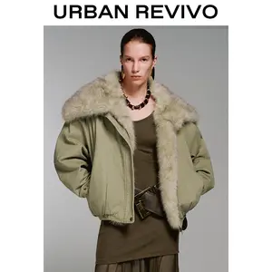 URBAN REVIVO Women's Faux Fur Large Collar Padded Long Sleeve Jacket - Chic, Stylish Winter Warm Statement Outerwear Piece, UWJ150072