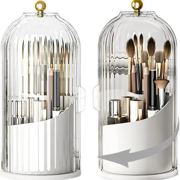 2026 Upgraded Makeup Brush Holder with Lid 360 Rotating Clear Dustproof Make Up Organizers for Vanity Bathroom Countertop, Gray, White