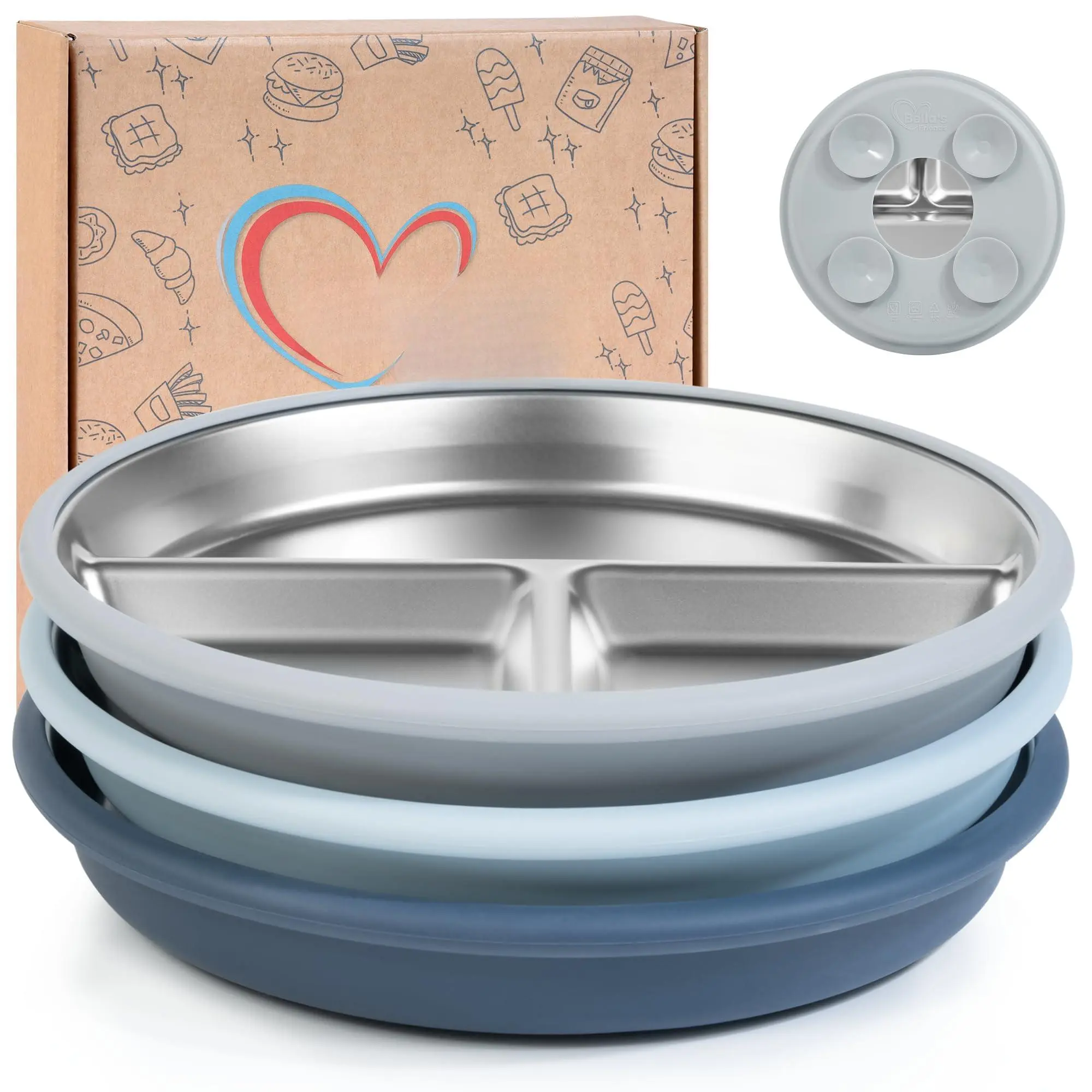 Stainless Steel Plates 8" Suction Plate For 3 Packs Divided Food-grade Silicone Dishwasher Safe Grey Blue Dark