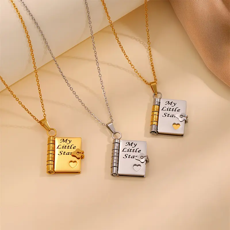 Book Shaped Locket Necklace with "My Little Star" Engraving and Heart Charm, Metal Coated Fade-Resistant Jewelry for Daughter, Metal Coating, Pendant