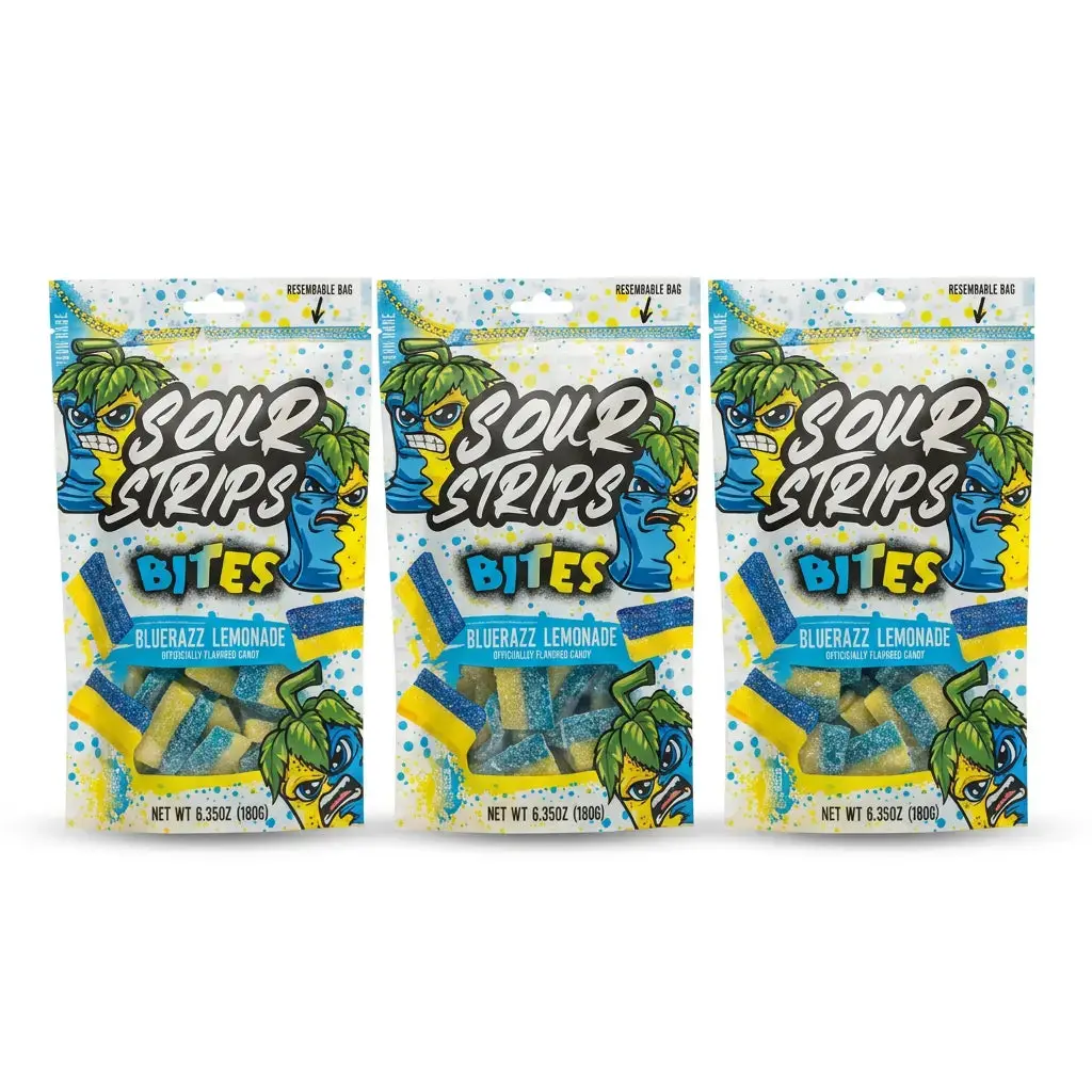 3-Pack Chewy Candy Treat Bags - Sour Blue Raspberry, BlueRazz Lemonade Flavors, Sweet Soft Tangy Bite Strips, Sour Snacks for Kids & Adults