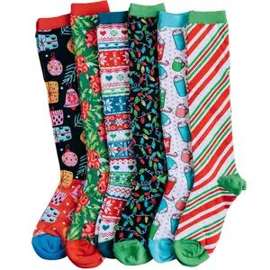 Kalon 6 Pack Knee Height Christmas Socks Whimsical Colors & Curated Patterns Women's Sizing Cotton Spandex Cute Bag with Bow & To/From Tag Printed on It Womenswear Nylon Stretchy Winter Socks