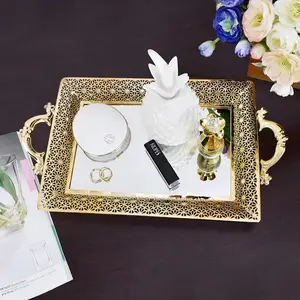 Decorative Mirrored Tray with Metal Handles, Vintage Gold Mirror Tray Rectangle Serving Tray, Bathroom Vanity Trays for Dresser Makeup Perfume Tray Valentine's Day Gifts for Her
