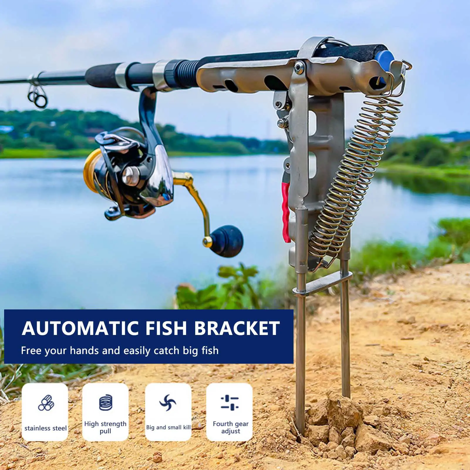 Stainless Steel Automatic Fishing Rod Holder, Spring-Loaded Ground Spike Support with Anti-Corrosion Adjustable Trigger Mechanism, Rod Holder Clip Accessories for Sea Angling, Fishing Rods