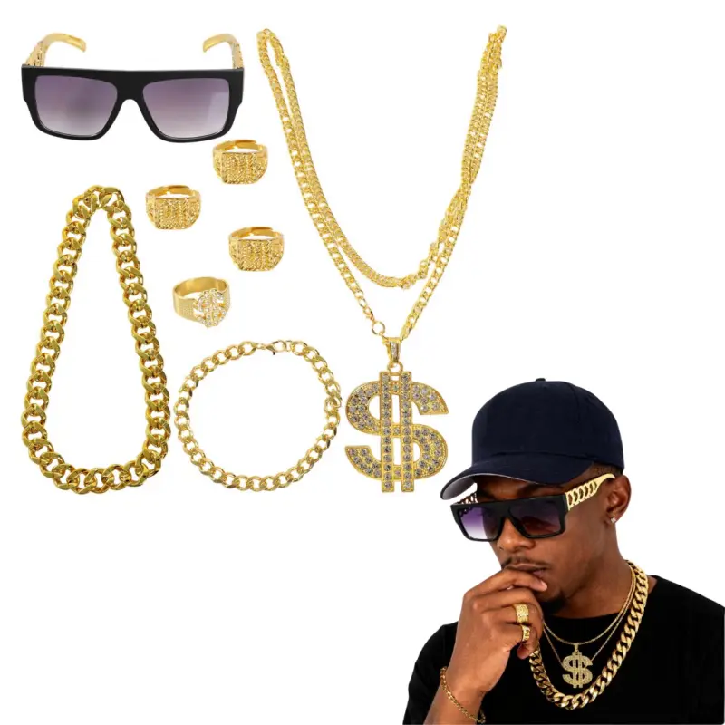 8 pcs 80s 90s hip-hop jewelry set - including fake gold chains, bracelets, dollar sign pendants, rings, and sunglasses, suitable for Halloween, parties, rapper costumes, and streetwear styling