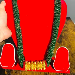 Gold Plated green and gold hydro potey Maili Tilhari Necklace, Elegant Jewelry for Nepali traditional outfits