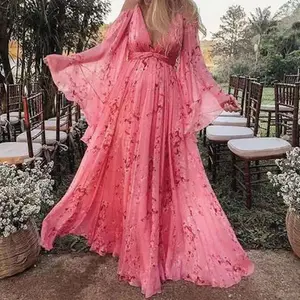 Women Off Shoulder Dresses V Neck Floral Print Pink Pregnant Swing Long Dress Casual Large Hemline Dress Party Chic Dresses