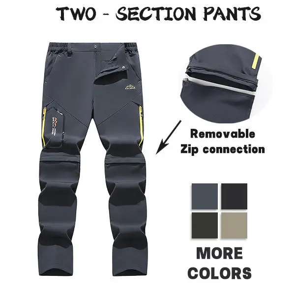 Men’s quick-dry hiking pants with detachable two sections; zippered separation allows adjustable length; stretchy outdoor hiking long pants for two users.