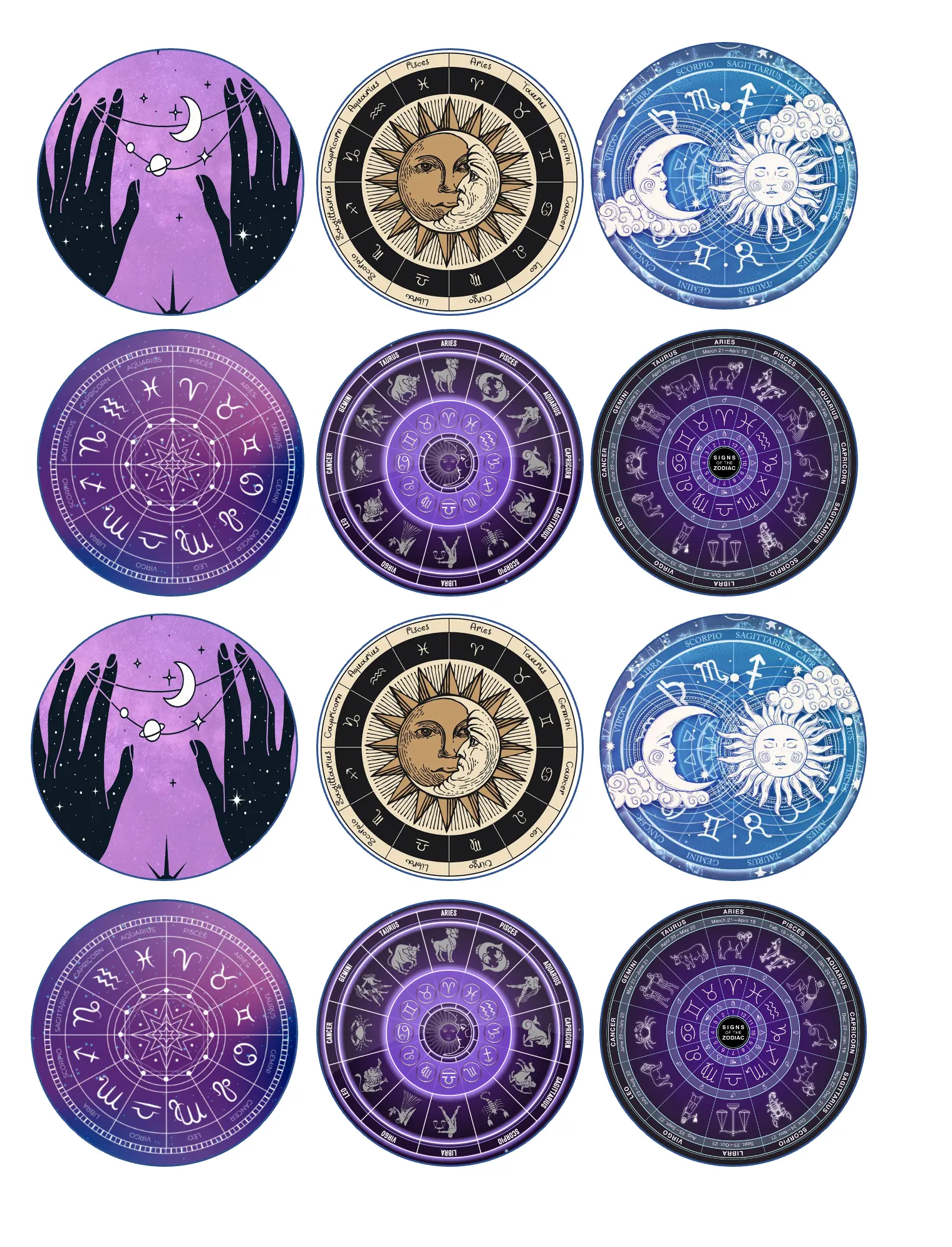 12-Piece Zodiac Sign Pre-Cut Edible Image Discs with Border - Cake Decorations for Desserts, Drink Toppers, Size-Selectable Home & Festive Party Supplies