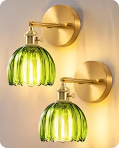 Vintage Battery Operated Wall Sconce with Bulbs Remote Control Cute Green Tulip Glass Lampshade Wireless Rechargeable Battery Powered Wall Light with Remote Control for Bedside Bedroom Doorway