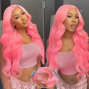 Pink 34 Inch Lace Front Wig Human Hair 13x6 Pink Wig Human Hair Body Wave Hd Lace Frontal Wig 180 Density Colored Human Hair Wigs Glueless Wigs Human Hair Pre Plucked summerwins