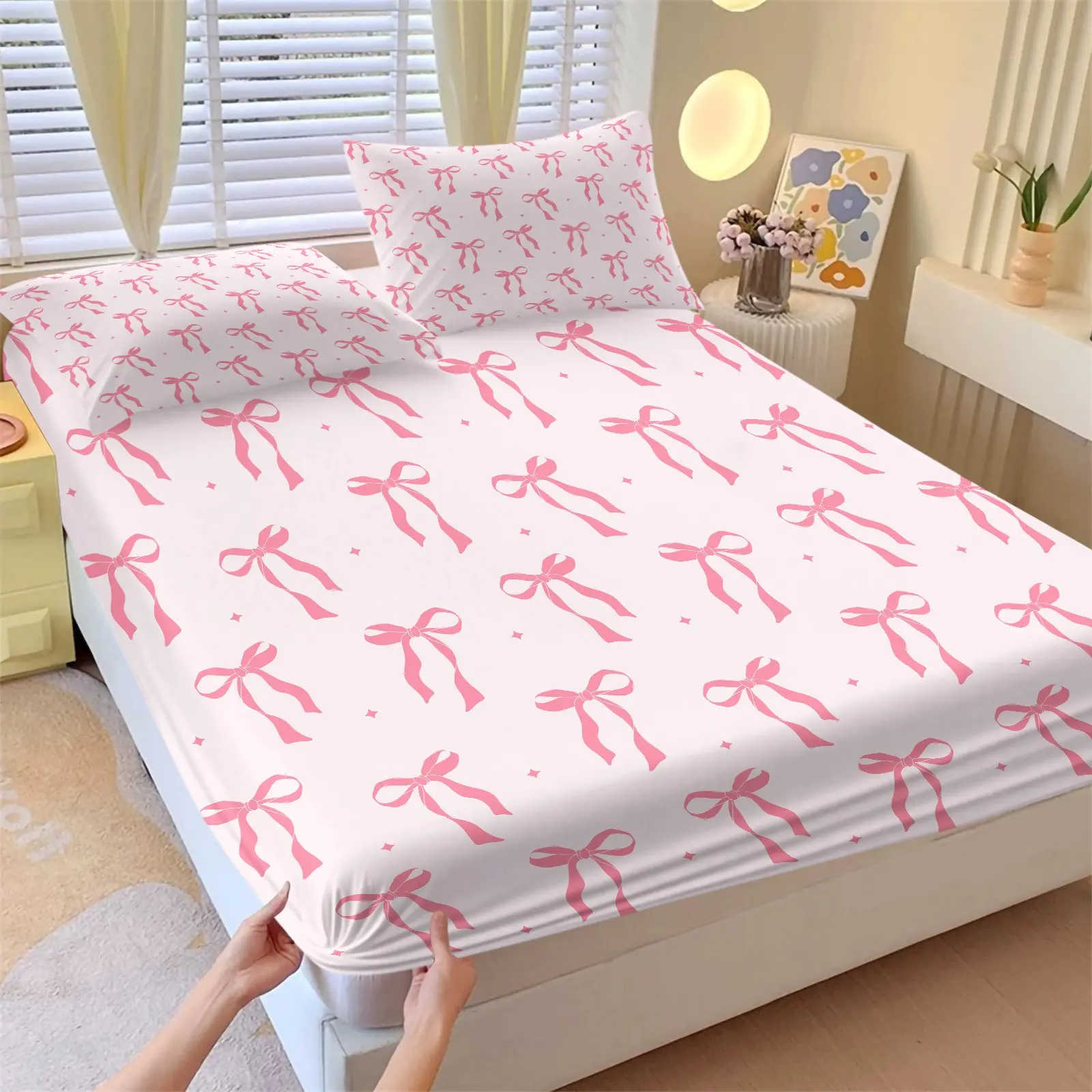 3-Piece Sweet Pink Bow Fitted Sheet Set, 1 Fitted Sheet + 2 Pillowcases Coquette Ribbon Print Bedding, Soft Microfiber Bed Linen for Girls Teens, All Season Bedroom Decor, Cute Aesthetic Bedding, Bed Sheets