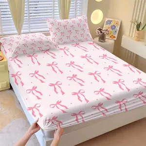 3-Piece Sweet Pink Bow Fitted Sheet Set, 1 Fitted Sheet + 2 Pillowcases Coquette Ribbon Print Bedding, Soft Microfiber Bed Linen for Girls Teens, All Season Bedroom Decor, Cute Aesthetic Bedding