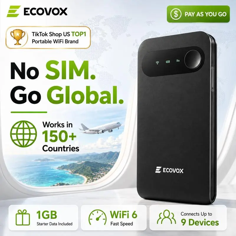 ECOVOX Compact No SIM 4G LTE Portable WiFi Hotspot - 5V <5000mAh Batteries, Fast Charging USB-C Wireless Mini Pocket Router, FCC Certified, 150Mbps Speed, 1GB Starter Data, 150+ Countries, Linux, 802.11.a, No Contract, Outdoor Use for Phones/Tablets