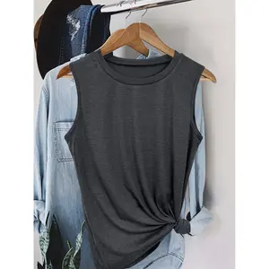 Women's Solid Color Tank Top, Casual Fit Sleeveless Round Neck Top for Summer Womenswear Tanktop