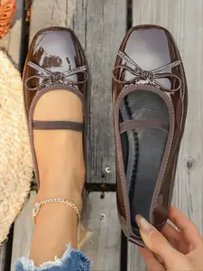 Women's Square Toe Bow Decorated Wine Mary Jane Shoes, Comfortable Casual Slip-On Flat Shoes, Perfect Valentine's Day Gift