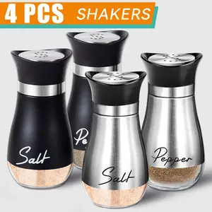4 PCS, Salt And Pepper Shakers, 4.42 Oz Glass Bottom Salt Pepper Shaker With Stainless SteelLid For Kitchen Gadgets Cooking Table, RV, Camp, BBQ Refillable Design (Silver&Black)