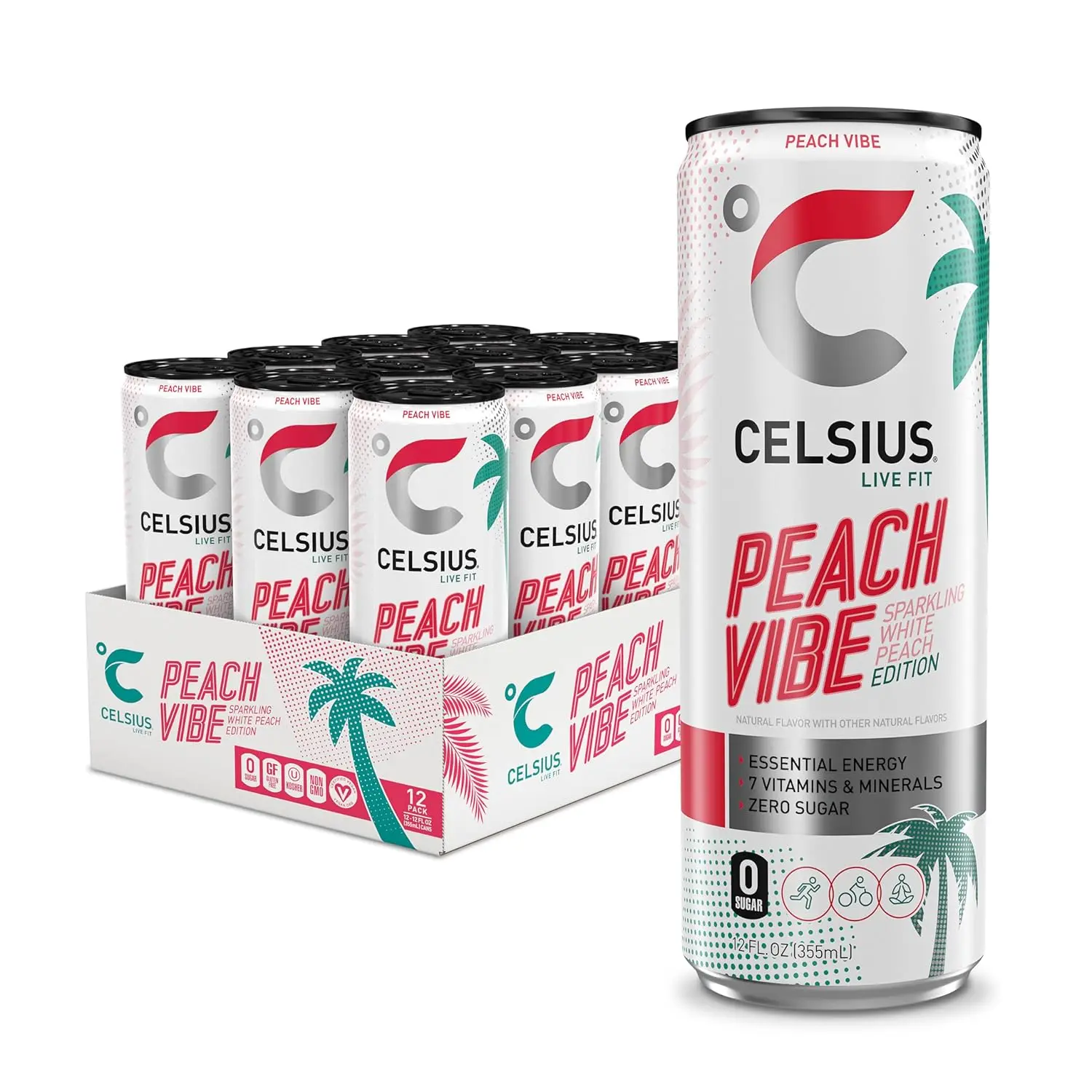 CELSIUS PEACH VIBE Sparkling Peach Vibe, Sugar Free Energy Drink, 12 Fl Oz (Pack of 12) Beverage Flavor Beverage Flavor